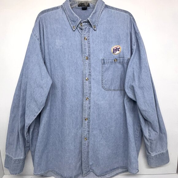 Vintage Miller Lite Embroidered Logo Button Down Long Sleeve Jean Shirt Men's XL - Picture 1 of 5
